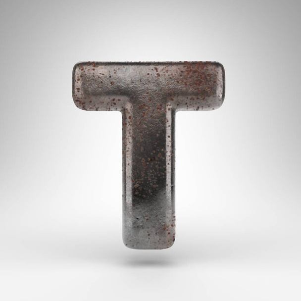 Letter T uppercase on white background. Rusty metal 3D rendered font with oxidized texture. - Фото, изображение