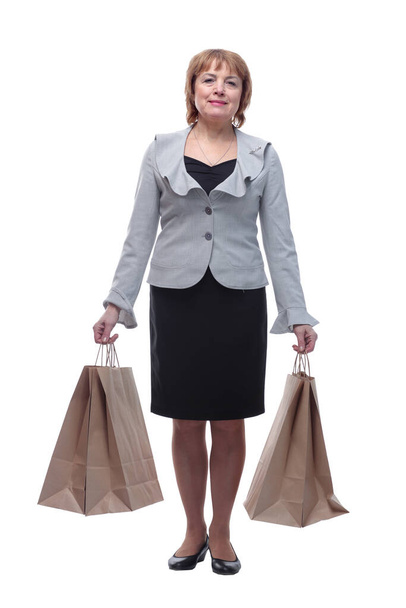 Caucasian senior woman holding gift bags - Foto, Imagem