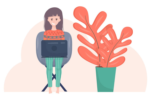 The girl is a freelancer with a laptop in cartoon style on white background. A woman is sitting on a chair with a laptop in her clothes, next to a large flower. Freelance work on the Internet. - Vector, Image