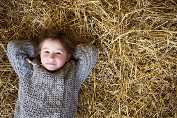 少女思考と干し草でリラックス  - 写真・画像