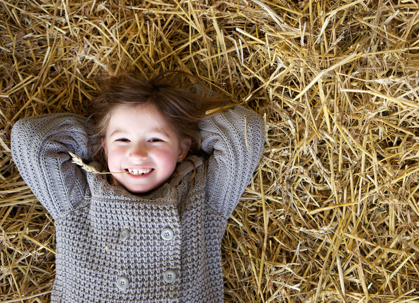 Chica sonriendo y acostado en el heno
 - Foto, Imagen