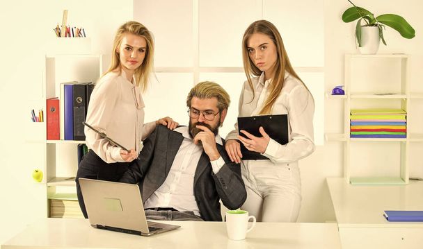 Flirting with boss. Secretary and manager. Office affair. Surrounded by beautiful ladies. Seductive colleague. Man and women business colleagues. Office flirt. Career company. Flirting and seduction - Fotografie, Obrázek