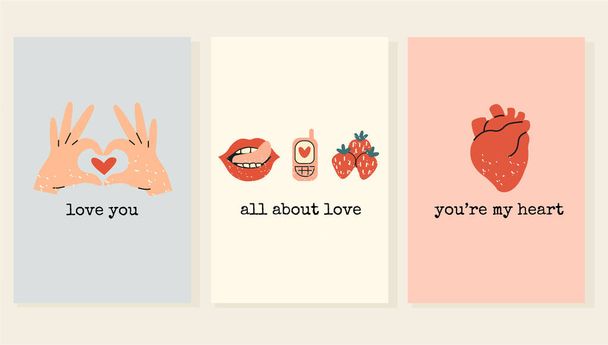 Set of three  cards for St. Valentines Day. Anatomical heart, mobile phone, opened female mouth with tongue, strawberries, female hands and various lovely slogans - Вектор,изображение
