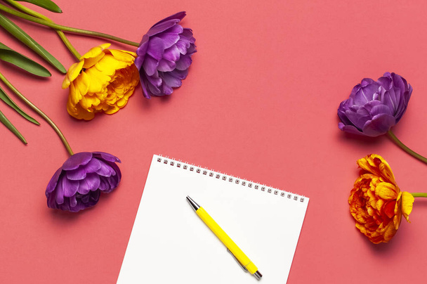 Platte voorjaarsbloemen. Gele lila pioenachtige tulpen witte blanco album notebook schrijven pen op roze achtergrond. Mooie wenskaart voor 8 maart, Moederdag, vakantie, verjaardagsbruiloft of happy event. - Foto, afbeelding