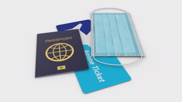Pasaporte, tarjeta de embarque y máscara facial en todo momento volando durante el covid-19 - Metraje, vídeo