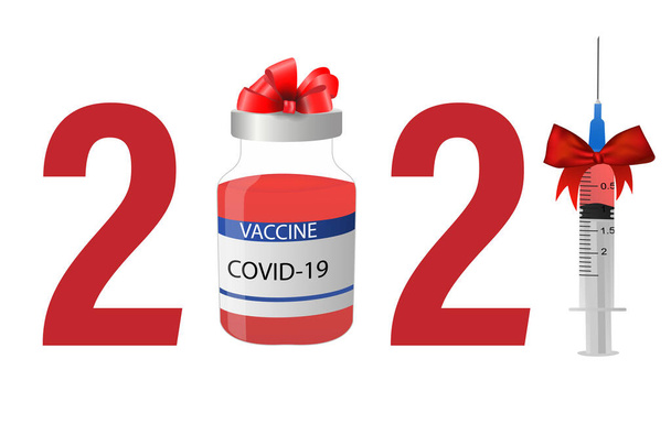  Rok očkování,2021. Koncepce pandemické vakcíny covid-19 bude k dispozici v roce2021. Vektorová ilustrace injekční stříkačky, jehly, lahvičky s vakcínou a textu. - Vektor, obrázek
