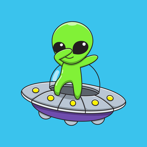 Illustration vector graphic of alien cartoon is riding on a flying saucer. Flat cartoon style suitable for web landing page, banner, flyer, sticker, card, children books and etc. - Vector, Image