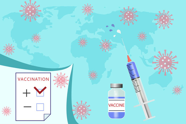 Vývoj a vývoj vakcíny COVID-19 pro prevenci nebo kontrolu koronaviru. Ilustrace stříkačky a ampulky na pozadí mapy světa. Vektor - Vektor, obrázek