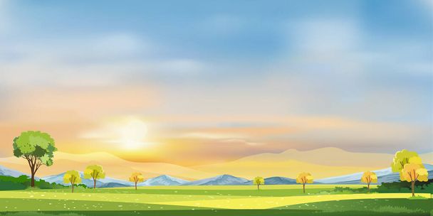 Morgenhimmel im Frühling, Sommerlandschaft im Dorf mit Wiese auf Hügeln mit orangen und blauen Himmel, Panoramalandschaft mit grünem Feld, Berg- und Grasblumen, Vektor-Karikatur des Sommers oder Frühlings - Vektor, Bild