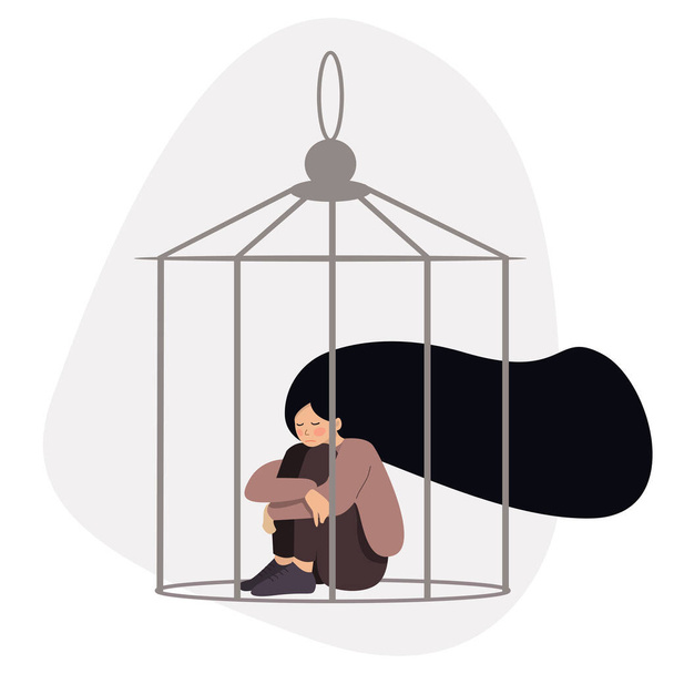Νεαρή θλιμμένη γυναίκα κλειδωμένη σε ένα κλουβί. Έννοιες περιορισμού της ικανότητας των γυναικών στην κοινωνία. Εικόνα ανθρώπινου χαρακτήρα - Διάνυσμα, εικόνα