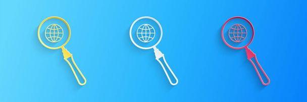Paper cut Magnifying glass with globe icon isolated on blue background. Analyzing the world. Global search sign. Paper art style. Vector. - Vector, Image
