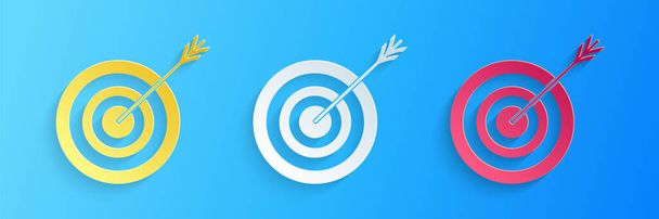 Paper cut Target with arrow icon isolated on blue background. Dart board sign. Archery board icon. Dartboard sign. Business goal concept. Paper art style. Vector. - Vector, Image