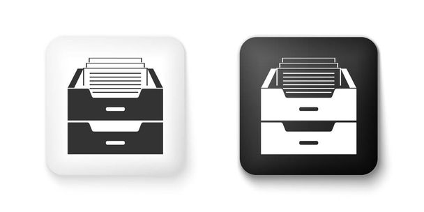 Černá a bílá zásuvka s ikonou dokumentů izolované na bílém pozadí. Archivní zásuvka. Zásuvka souboru. Kancelářský nábytek. Tlačítko. Vektor. - Vektor, obrázek