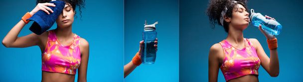 collage de mujer rizada en ropa deportiva agua potable, sosteniendo botella de deportes y limpiando el sudor con toalla en azul - Foto, imagen