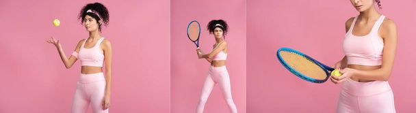 Коллаж молодой кудрявой спортсменки, держащей теннисную ракетку, играя изолированно на розовом - Фото, изображение
