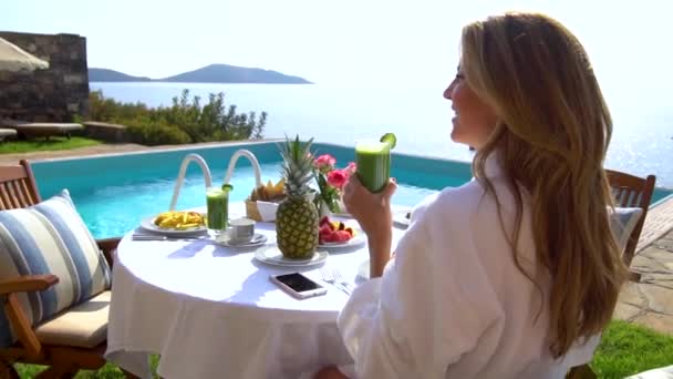 Woman Eat Breakfast With Scrambled Eggs, Sausages, Near Pool On Luxury Villa. - Footage, Video