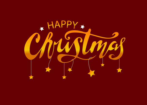 Happy Christmas gouden hand belettering op de rode achtergrond met vliegende sterren. Kerstkaart. Vector illustratie voor vakantie uitnodigingen, banners, ansichtkaarten, vakantiepakketten, flyers, kalender. - Foto, afbeelding