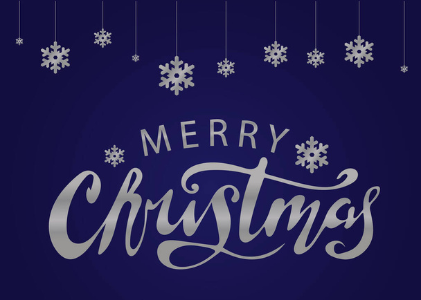 シルバーの雪の結晶と青の背景にメリークリスマスの銀の手のレタリング。クリスマスのグリーティングカード。休日の招待状、バナー、はがき、休日のパッケージ、チラシ、カレンダーのベクトルイラスト. - 写真・画像