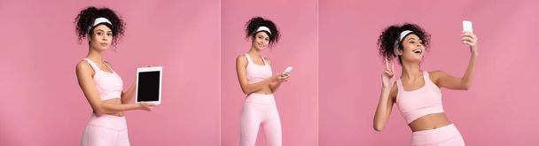 коллаж счастливой спортсменки с помощью гаджетов изолированы на розовый  - Фото, изображение