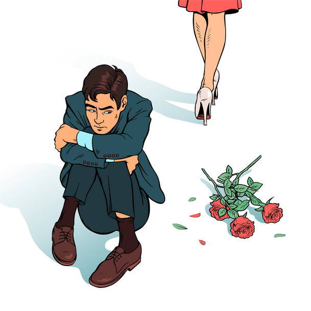 Dziewczyna odmówiła kochania młodego mężczyzny. Smutny człowiek siedzi na podłodze z rzuconymi różami. Wektor komiks pop art ilustracja. - Wektor, obraz