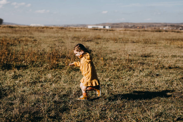 прелестная маленькая девочка в стильном платье на природе - Фото, изображение