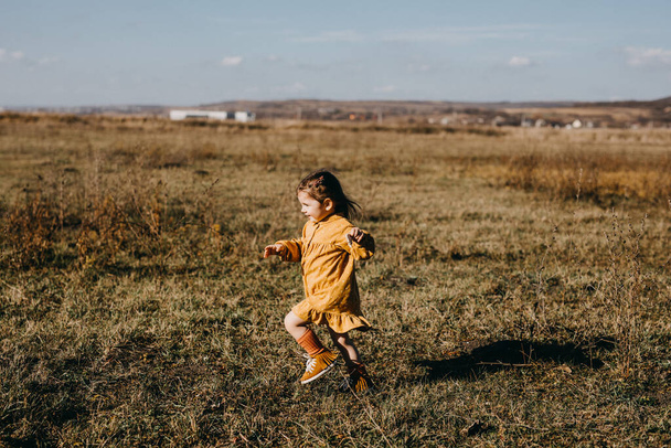 schattig klein meisje in stijlvolle jurk op de natuur - Foto, afbeelding
