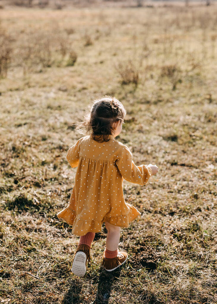 Doğada şık giyinmiş sevimli küçük kız. - Fotoğraf, Görsel