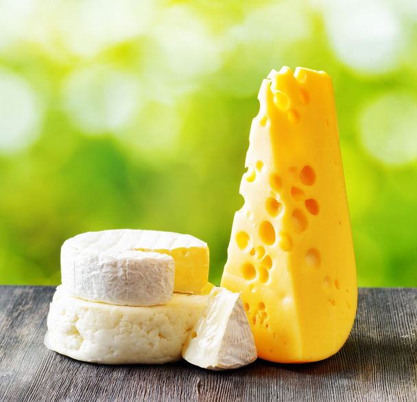 Different types of cheese on nature background - Fotoğraf, Görsel