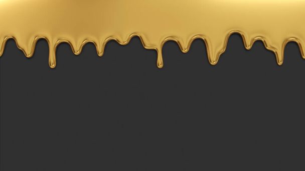 Stopione złoto spływające na czarne tło. Obraz renderowany 3D. - Zdjęcie, obraz