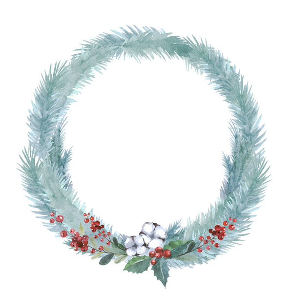 クリスマスリースの水彩画。モミの木の枝、コーン、野生の果実の花輪。冬の花輪。あなたのデザインのための水彩イラスト - 写真・画像