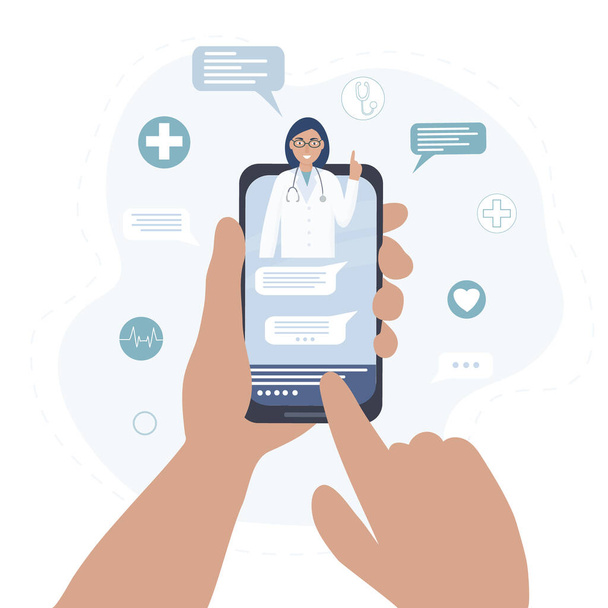 Ο γιατρός στην οθόνη του κινητού μιλάει διαδικτυακά με τον ασθενή. Τηλεοπτική επικοινωνία και μηνύματα. Ιατρικές συμβουλές, εξετάσεις, θεραπεία, υπηρεσίες, υγειονομική περίθαλψη, online συνέδρια. για ιστοσελίδα κλινικής, εφαρμογή - Διάνυσμα, εικόνα