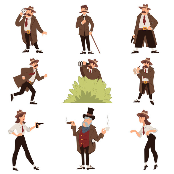 Team or experienced detectives on crime scene or mission. Man and woman characters investigating and inspecting. People with magnifying glass in hands. Vintage personage. Vector in flat style - ベクター画像