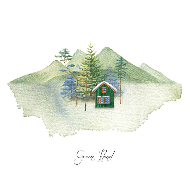 Zielony samotny dom na zielonych wzgórzach. Sosny, świerki. Krajobraz akwareli - Zdjęcie, obraz