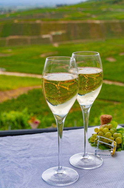 Dégustation de vin blanc mousseux français avec champagne bulles sur terrasse extérieure avec vue sur les vignobles de Champagne vert grand cru à Cramant, près d'Epernay, France - Photo, image