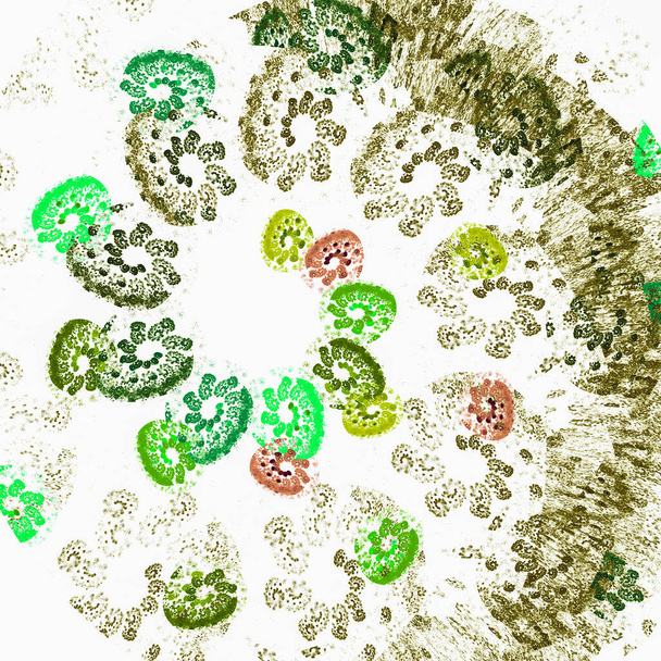 Zamazane małe plamy zielonych odcieni tworzą wiele spirali, tworzą dużą spiralę na białym tle. Wzór z zielonych spirali. Abstrakcyjne fraktalne tło. Renderowanie 3D. Ilustracja 3D. - Zdjęcie, obraz