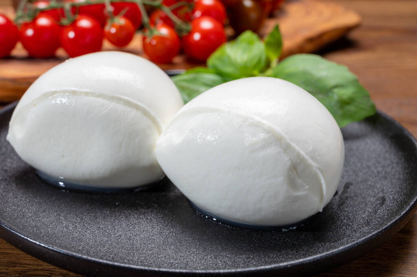 Colección de quesos, bolas blancas de queso italiano suave mozzarella, servido con tomates rojos cereza, hojas de albahaca fresca de cerca - Foto, imagen
