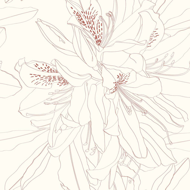 Linie Rhododendron Cosmopolitan Blumen, braune Umrisse auf einem Vintage-Hintergrund. Nahtloses Muster. - Vektor, Bild