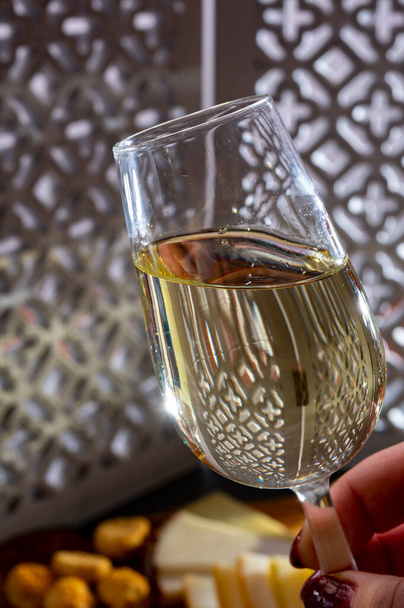 väkevöidyn andalusialaisen fino sherry viinin maistelu perinteisillä espanjalaisilla tapaksilla, vihreillä oliiveilla, vuohen ja lampaan manchego-juustolla - Valokuva, kuva