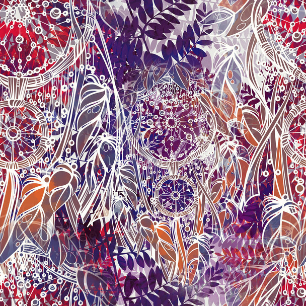 Booマジックシームレスパターン:夢のキャッチャーとシダの葉。水彩感のあるデジタル手描きの絵。混合メディアアートワーク。テキスタイル装飾と自然デザインのための無限のモチーフ - 写真・画像