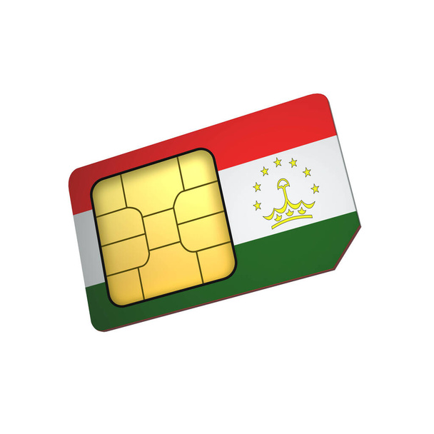 3D-Handy-Sim-Karten-Chip mit Flagge Tadschikistans isoliert auf weißem Hintergrund. 3D-Darstellung - Foto, Bild