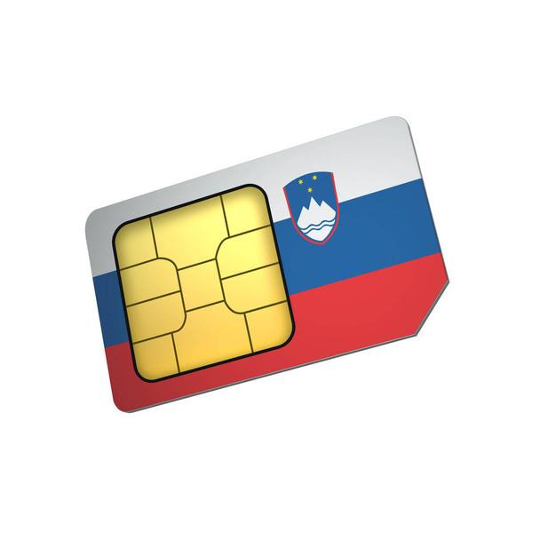 3D мобильный телефон сим-карты чип с флагом Словении изолированы на белом фоне. 3D-рендеринг - Фото, изображение