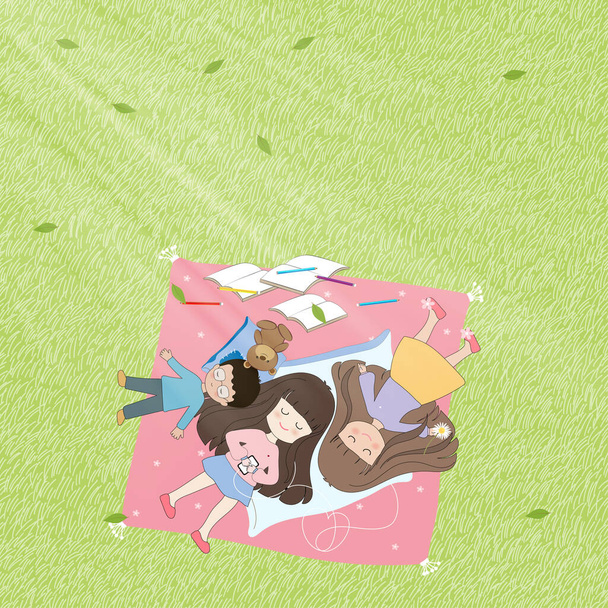 Leuke jongen en meisje liggend op grasvelden, Cartoon gemengde ras kinderen luisteren muziek op de telefoon in het park, Gelukkige kinderen ontspannen en plezier buiten in het voorjaar of de zomer - Vector, afbeelding