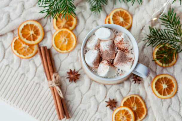 Christmas home decor. Cocoa with marshmallows. - Photo, Image