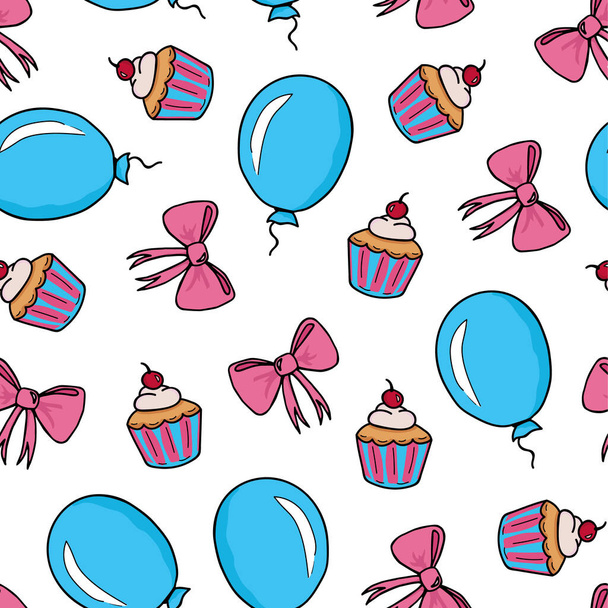 Seamless pattern for a childrens holiday. Pink bow, balloon and cupcake on a white background. Hand drawing. Vector illustration. - Vector, Imagen