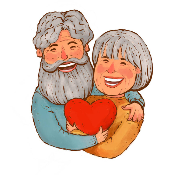 ilustración de un anciano y un anciano en un abrazo, sosteniendo un corazón en los brazos. Amantes ancianos felices, abuelos - Foto, imagen