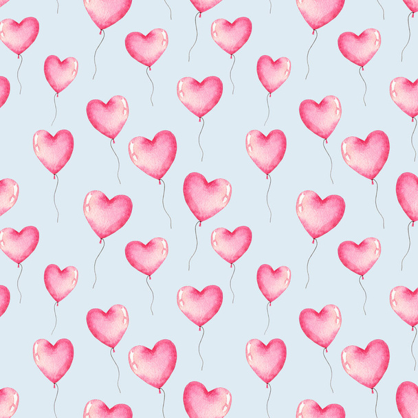Aquarel naadloos patroon met hartvormige ballonnen roze kleur geïsoleerd op blauwe achtergrond. Met de hand getekend aquarel illustratie. - Foto, afbeelding