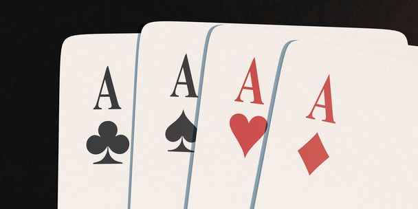 vier azen kaarten op donkere achtergrond gokken succes winnend concept 3d weergave illustratie - Foto, afbeelding