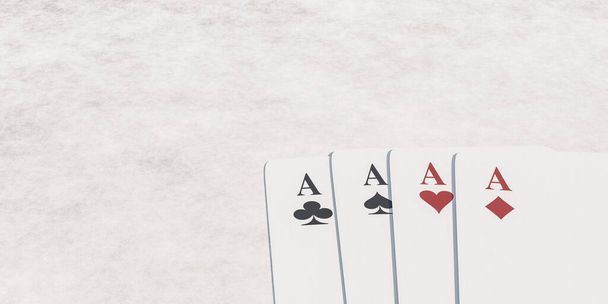 Cuatro ases juego de cartas en la superficie de hormigón blanco 3d ilustración de renderizado con iluminación de día brillante - Foto, imagen