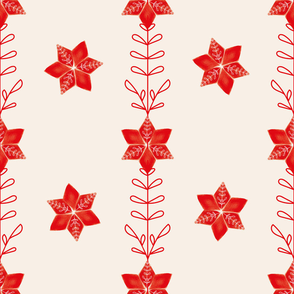 Vector red flower poinsettia ecru seamless pattern - Vektor, kép