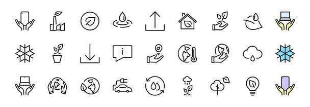 conjunto de iconos ECOLOGÍA, líneas vectoriales contiene iconos tales como un coche eléctrico, calentamiento global, bosque, eco, plantas de riego, plantas y mucho más. ACV editable, ecología - Vector, Imagen